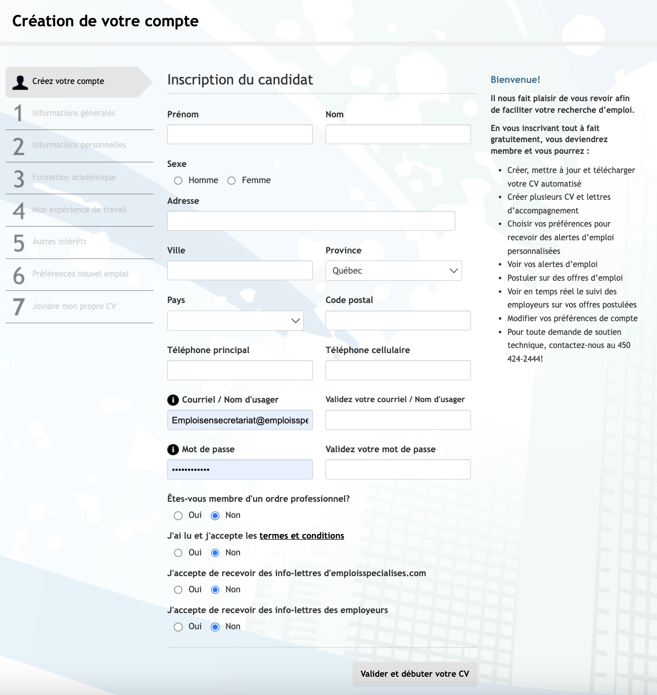 Remplissez votre CV automatisé sur emploisensecretariat.com!